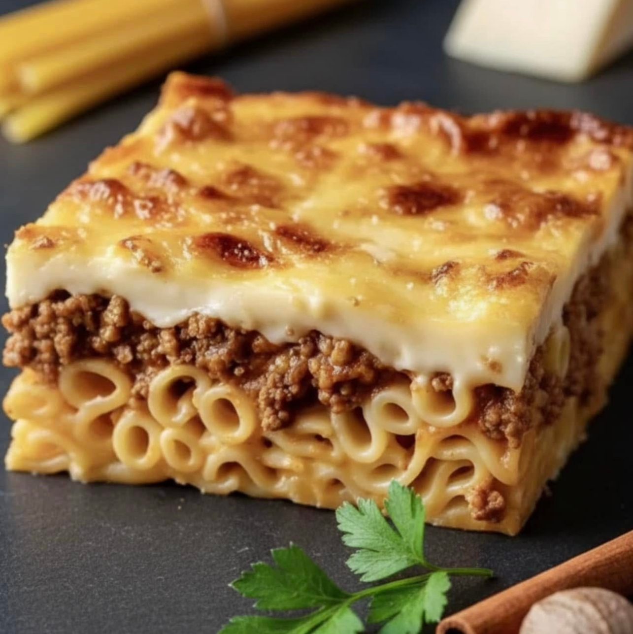 Pastitsio Served with Pea Stew and Oven Lemon Potatoes.