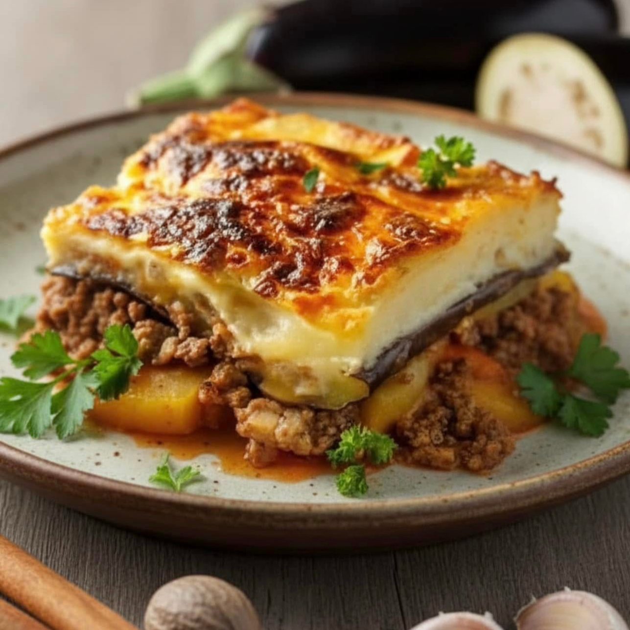 Moussaka Served with Pea Stew and Oven Lemon Potatoes.