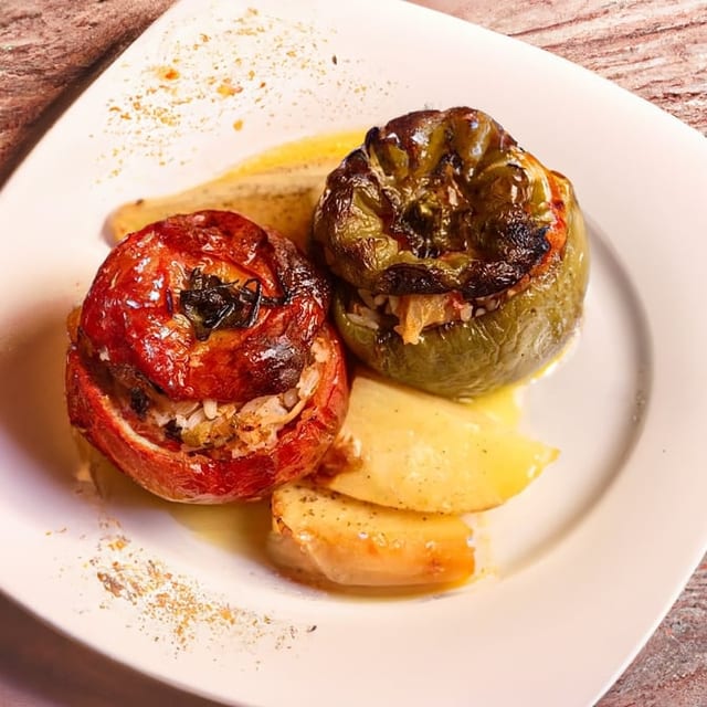 Gemista (Stuffed Pepper and Tomato with Rice and Ground Beef).