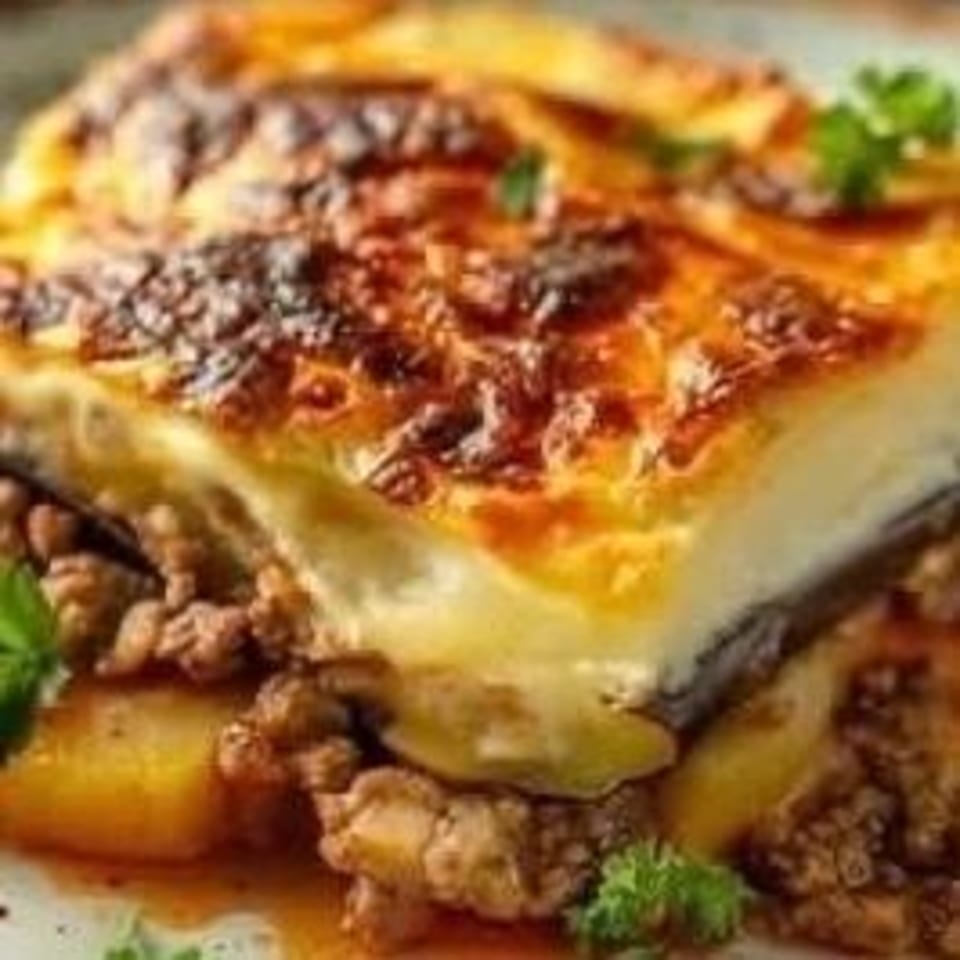 Close-up of a golden-brown moussaka with layers of meat, potatoes, and creamy béchamel sauce.