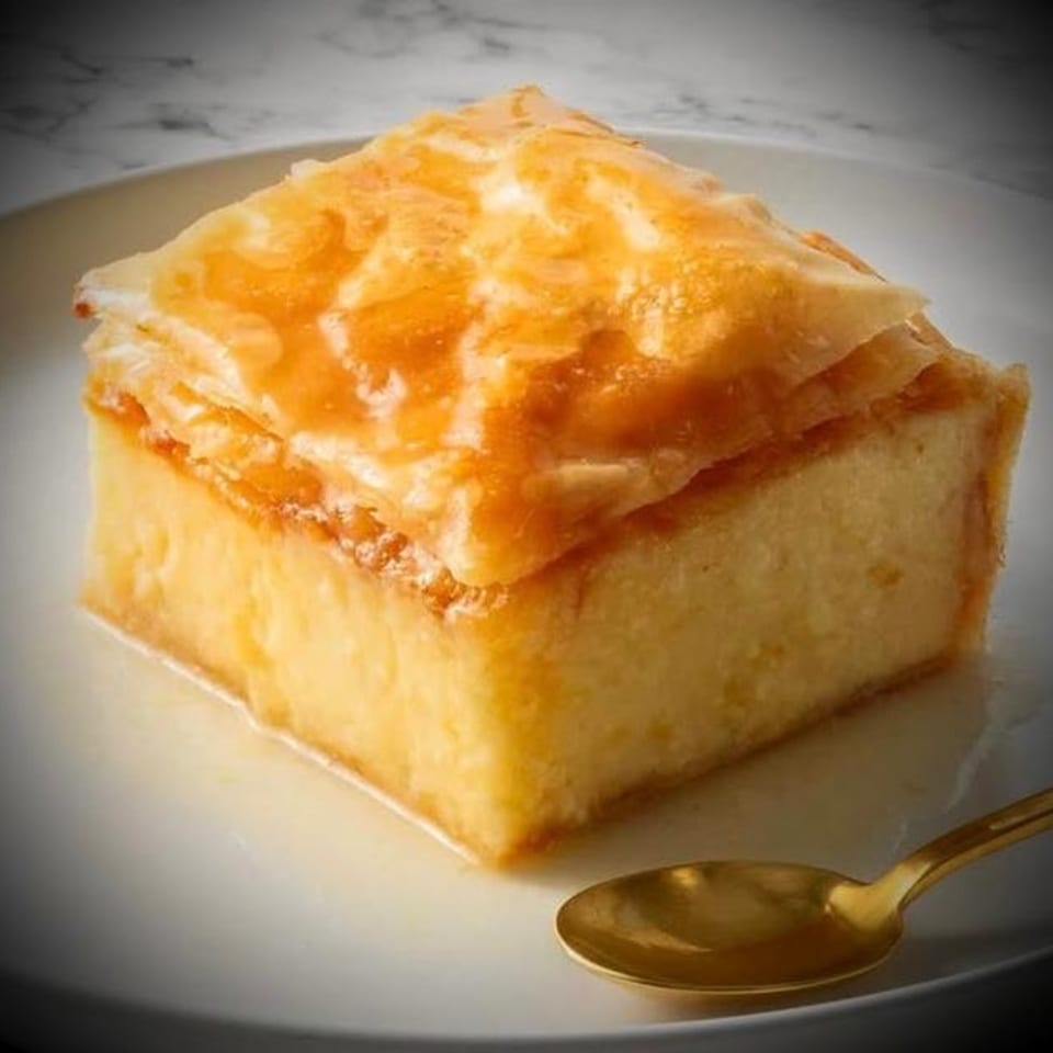 A golden-brown slice of Greek galaktoboureko, a custard-filled pastry, on a white plate with a spoon.