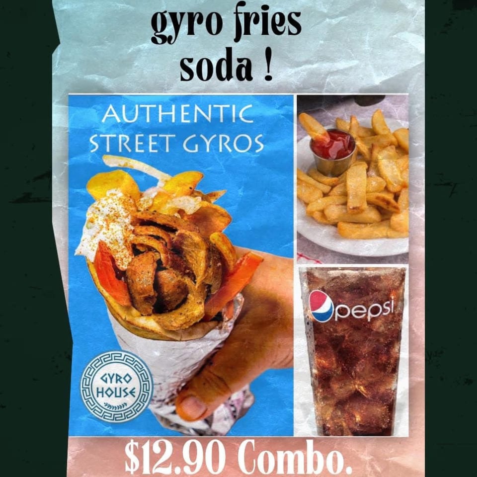 Gyro House combo with a gyro, fries with ketchup, and a Pepsi soda.